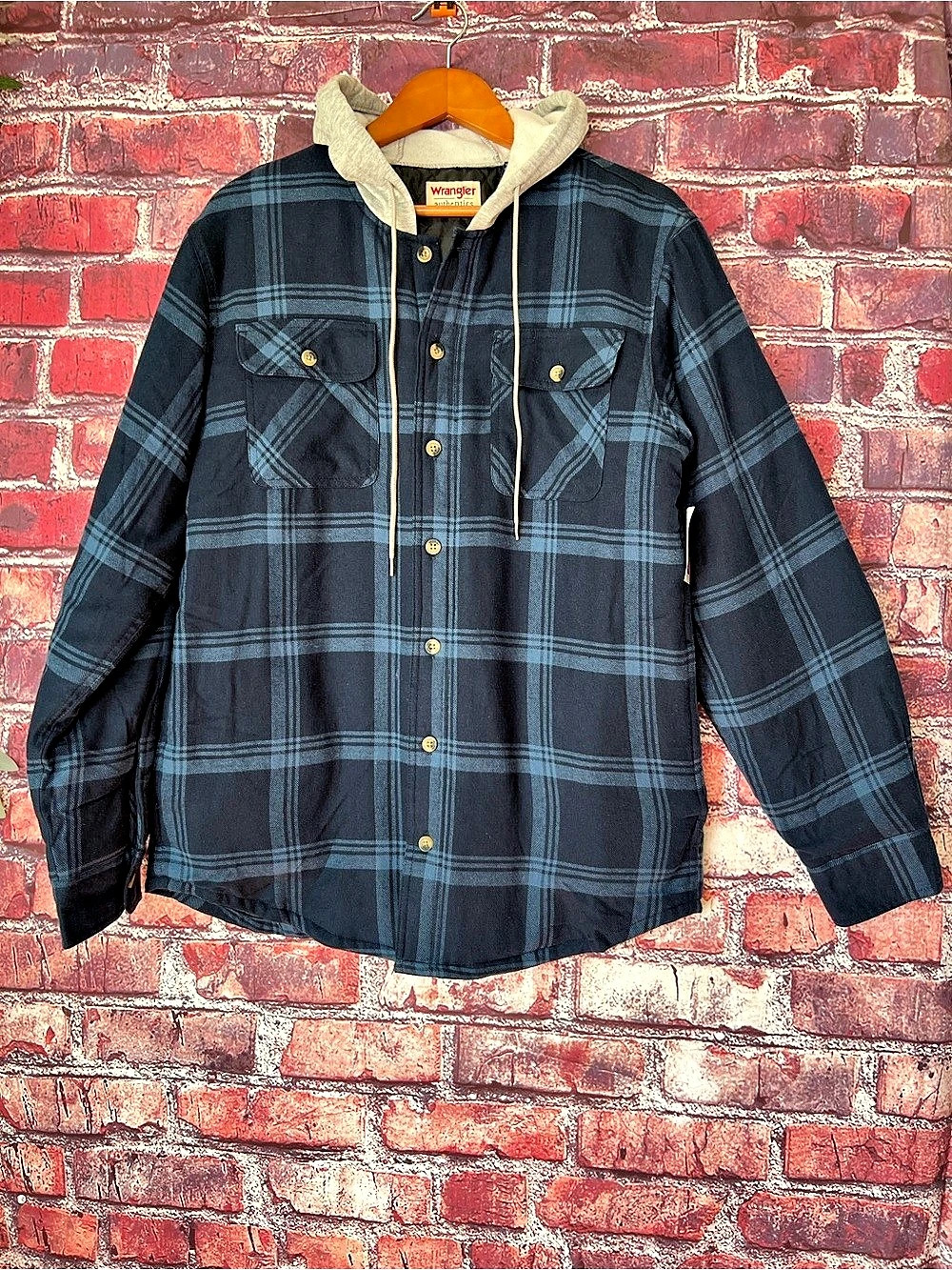 Wrangler Authentics Hooded Quilted Lined Flannel Shirt Jacket Navy Size Medium